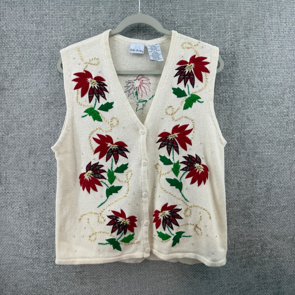 Bobbie Brooks Womens Large Poinsettia Christmas Sweater Vest Cream Plaid Beaded‎